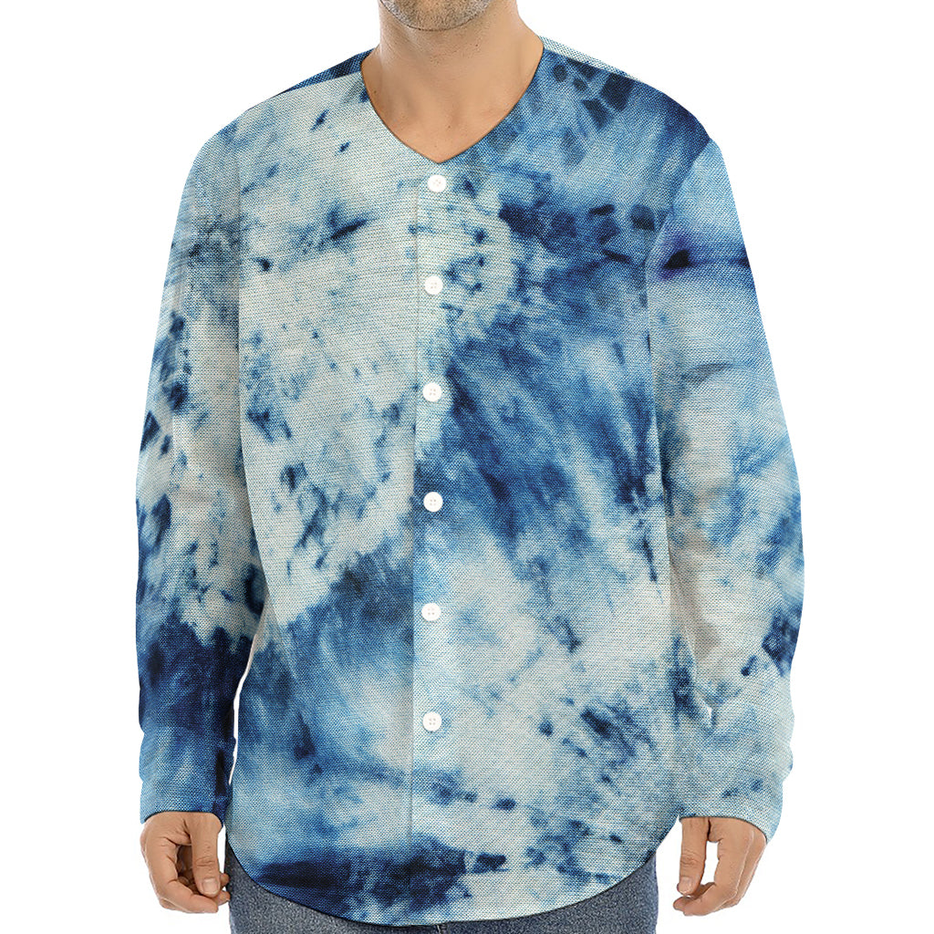 White And Blue Tie Dye Print Long Sleeve Baseball Jersey