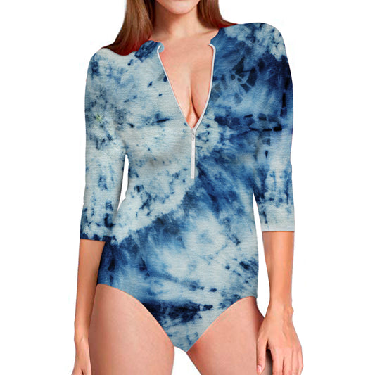 White And Blue Tie Dye Print Long Sleeve Swimsuit