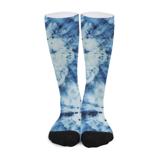 White And Blue Tie Dye Print Long Socks