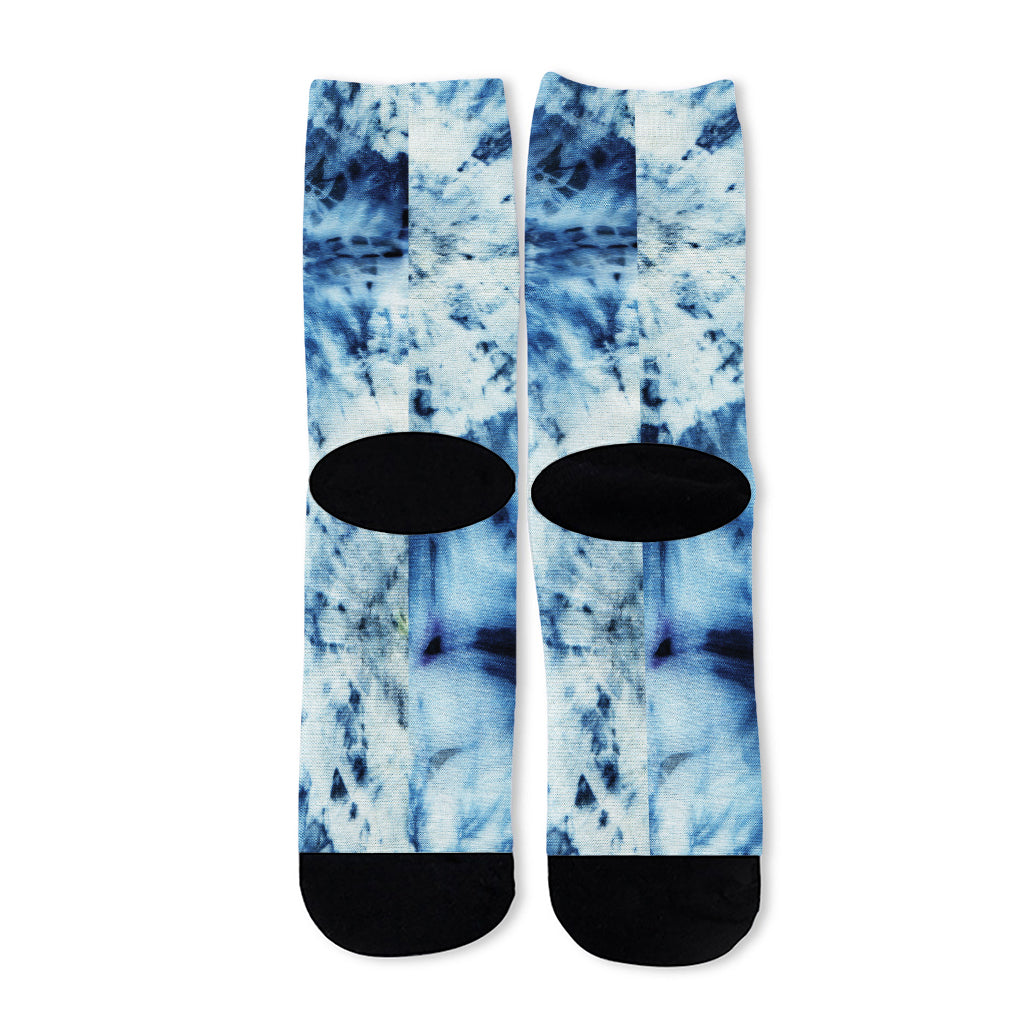 White And Blue Tie Dye Print Long Socks