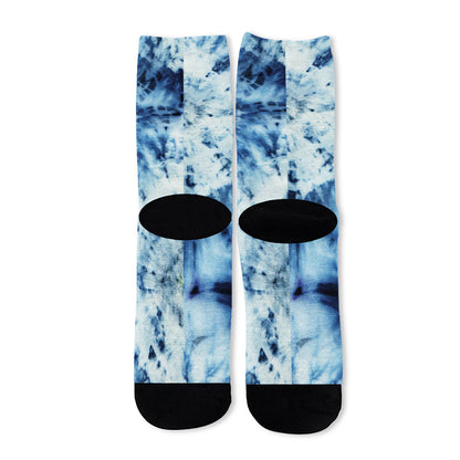 White And Blue Tie Dye Print Long Socks