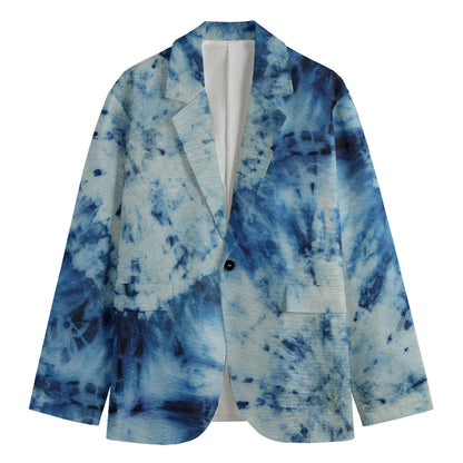 White And Blue Tie Dye Print Men's Blazer
