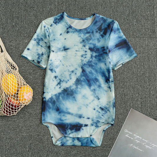 White And Blue Tie Dye Print Men's Bodysuit