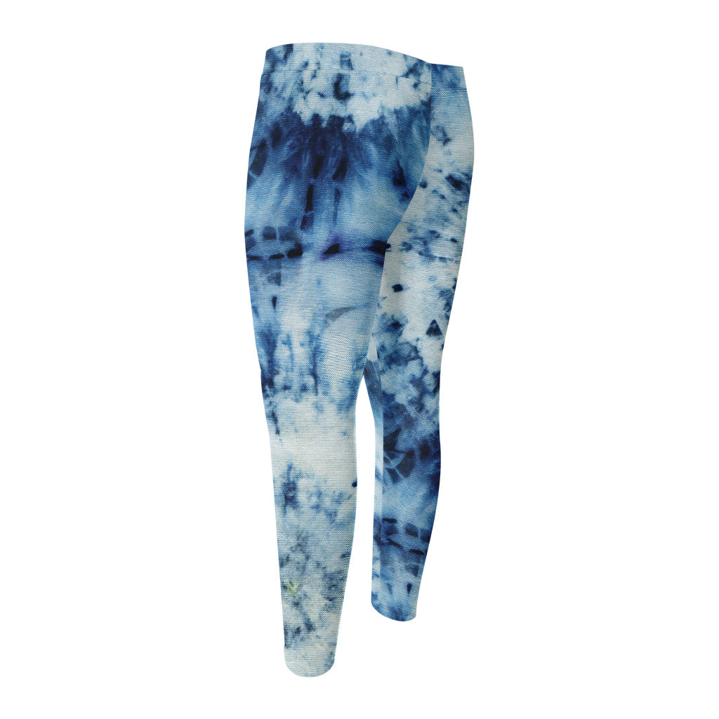 White And Blue Tie Dye Print Men's Compression Pants