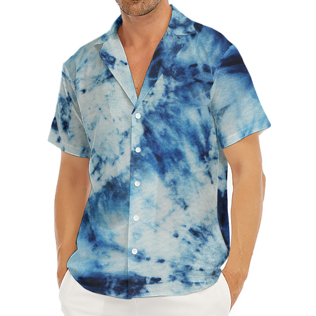 White And Blue Tie Dye Print Men's Deep V-Neck Shirt