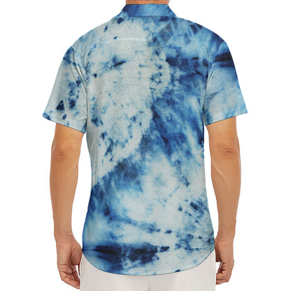 White And Blue Tie Dye Print Men's Deep V-Neck Shirt