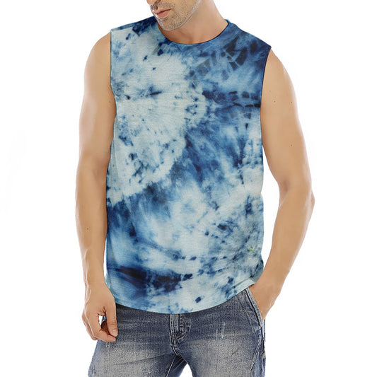 White And Blue Tie Dye Print Men's Fitness Tank Top