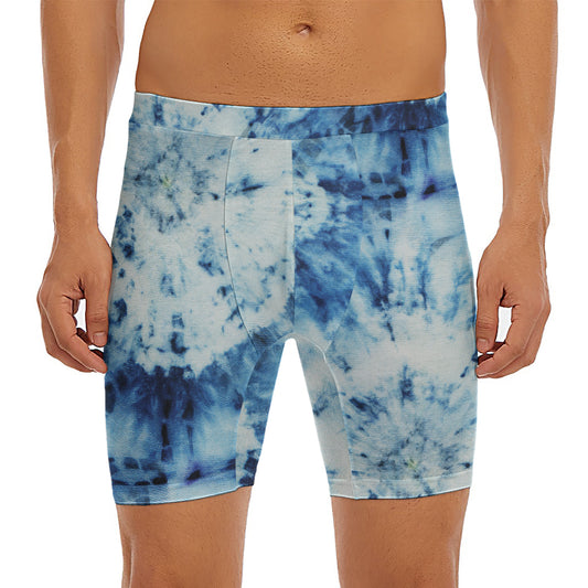 White And Blue Tie Dye Print Men's Long Boxer Briefs