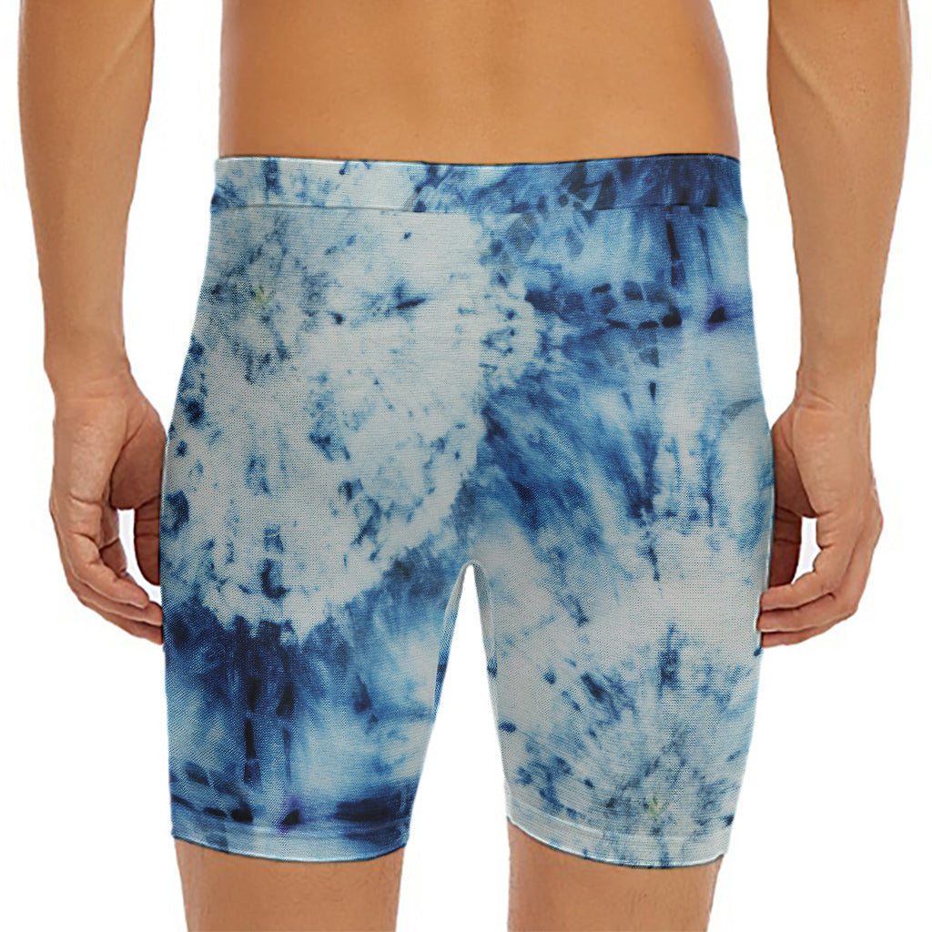 White And Blue Tie Dye Print Men's Long Boxer Briefs