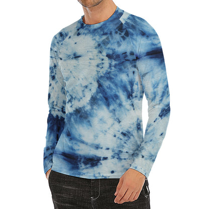 White And Blue Tie Dye Print Men's Long Sleeve Rash Guard