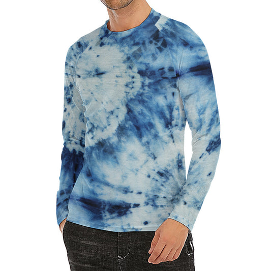 White And Blue Tie Dye Print Men's Long Sleeve Rash Guard