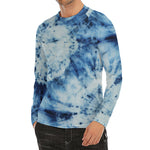White And Blue Tie Dye Print Men's Long Sleeve Rash Guard