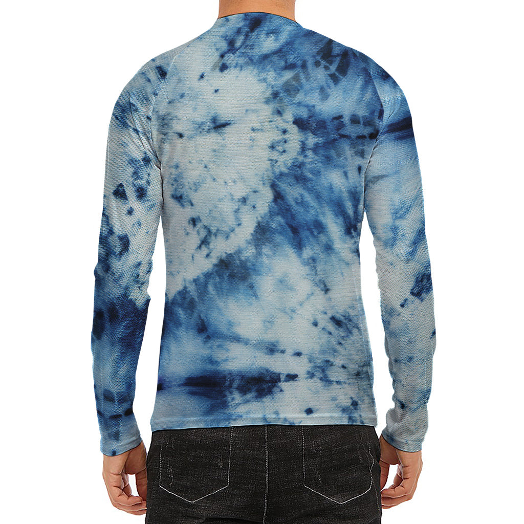 White And Blue Tie Dye Print Men's Long Sleeve Rash Guard