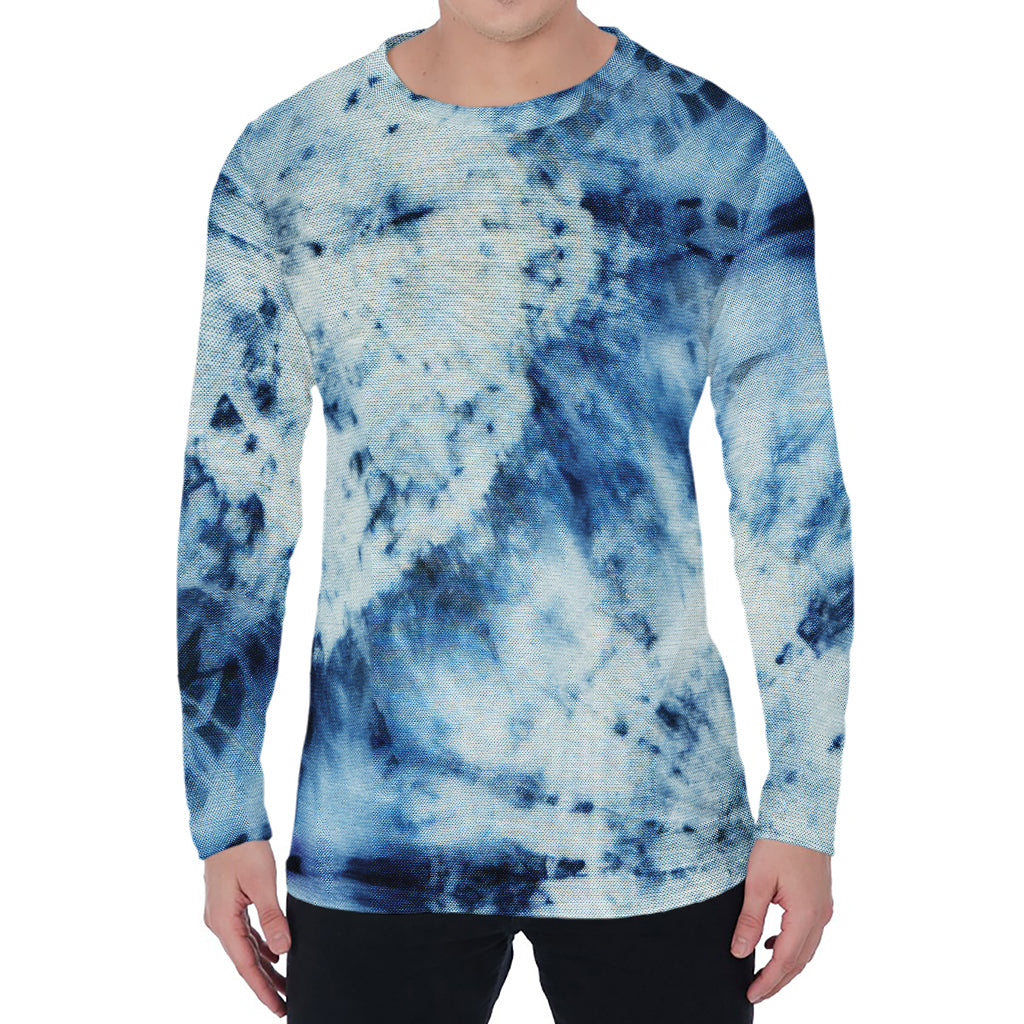 White And Blue Tie Dye Print Men's Long Sleeve T-Shirt