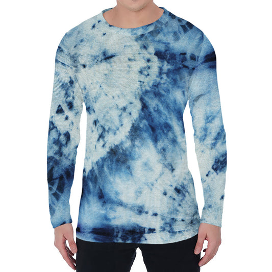 White And Blue Tie Dye Print Men's Long Sleeve T-Shirt
