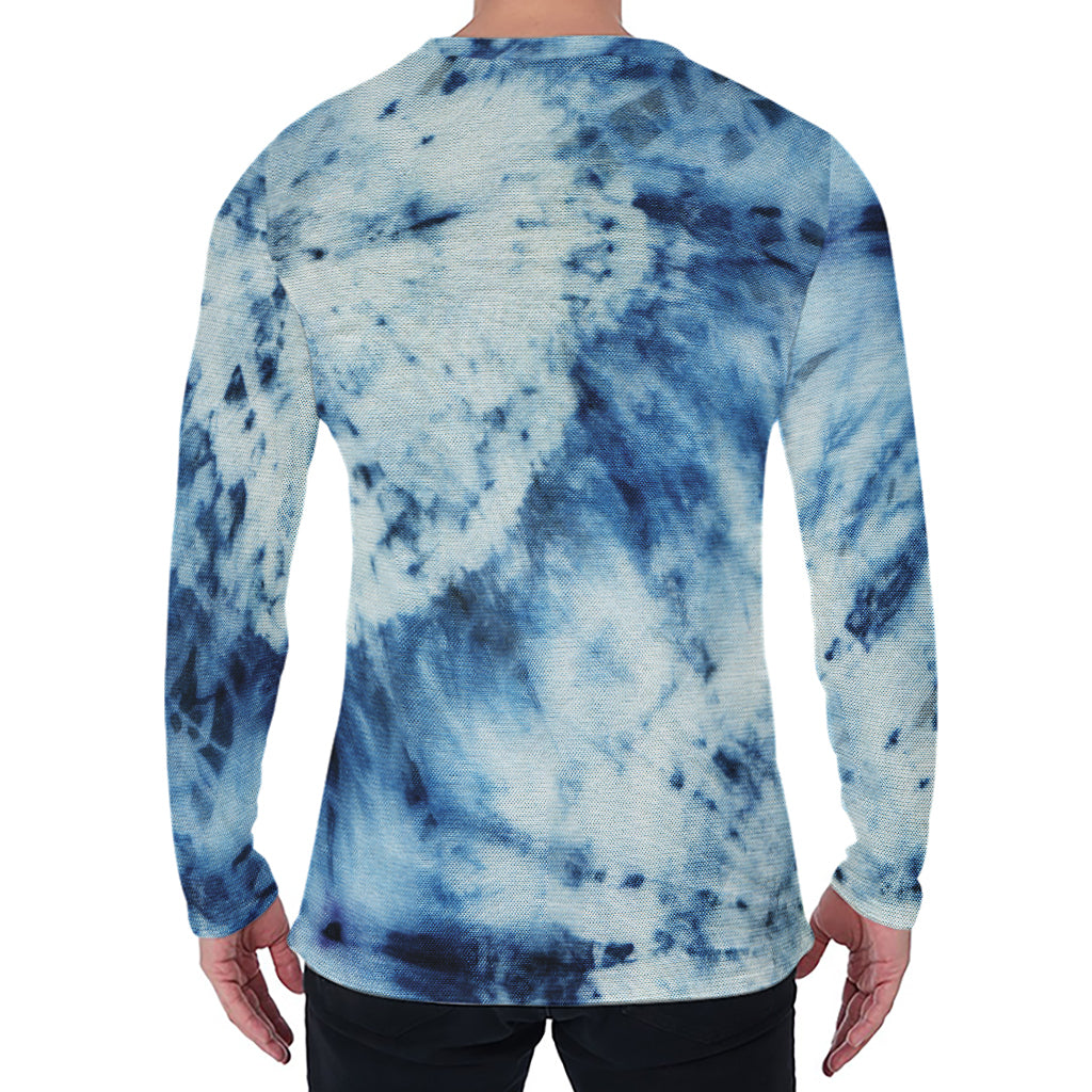 White And Blue Tie Dye Print Men's Long Sleeve T-Shirt
