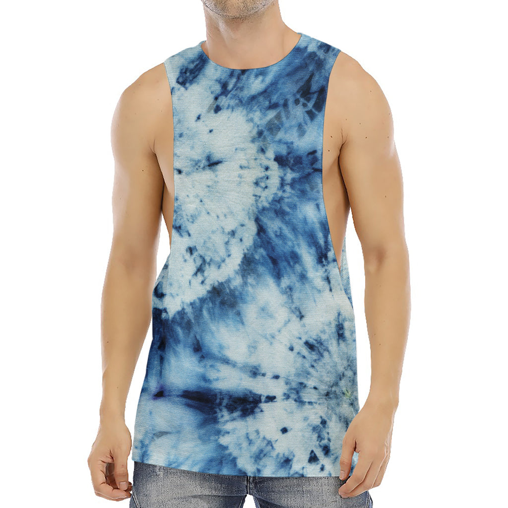 White And Blue Tie Dye Print Men's Muscle Tank Top