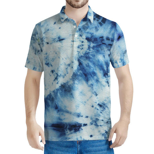 White And Blue Tie Dye Print Men's Polo Shirt