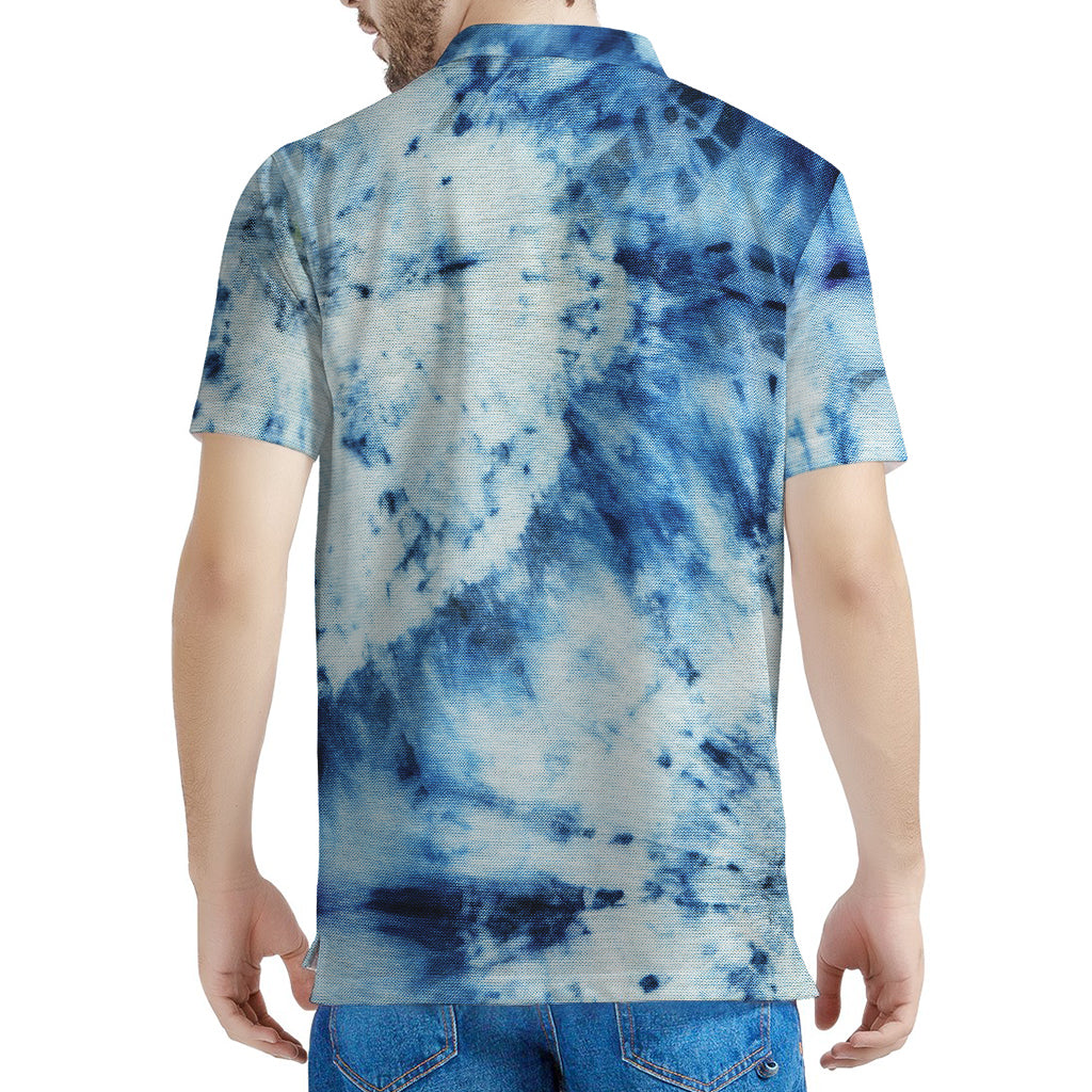 White And Blue Tie Dye Print Men's Polo Shirt