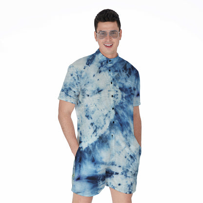 White And Blue Tie Dye Print Men's Rompers