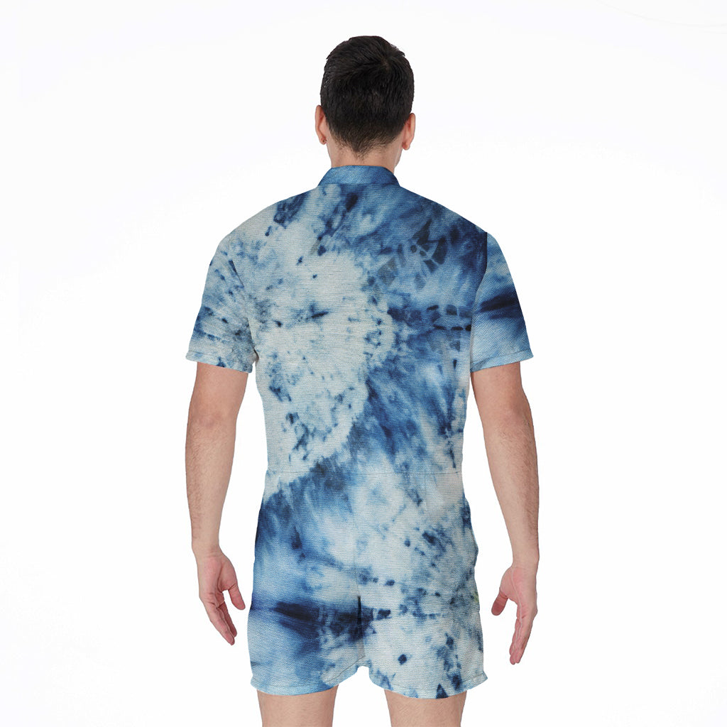 White And Blue Tie Dye Print Men's Rompers