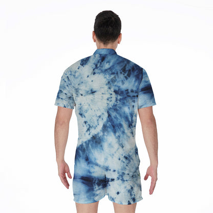 White And Blue Tie Dye Print Men's Rompers