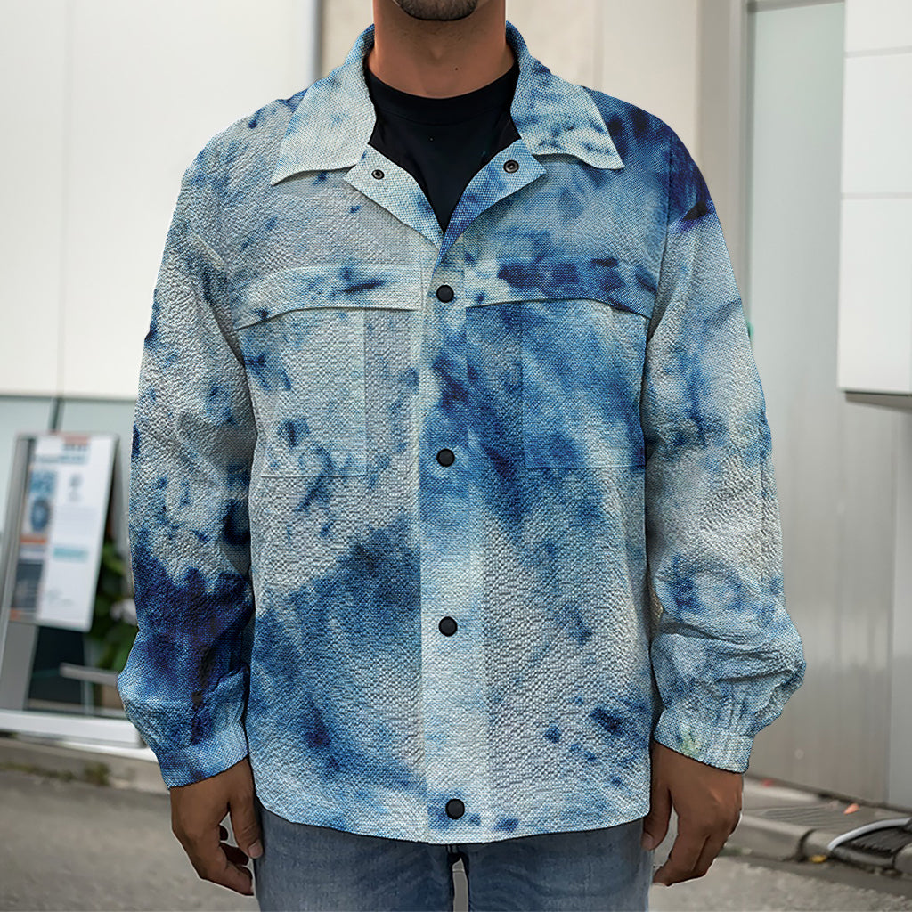 White And Blue Tie Dye Print Men's Shirt Jacket