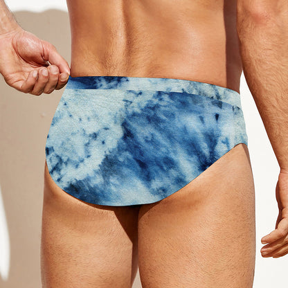 White And Blue Tie Dye Print Men's Swim Briefs