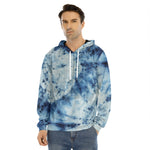 White And Blue Tie Dye Print Men's Velvet Pullover Hoodie