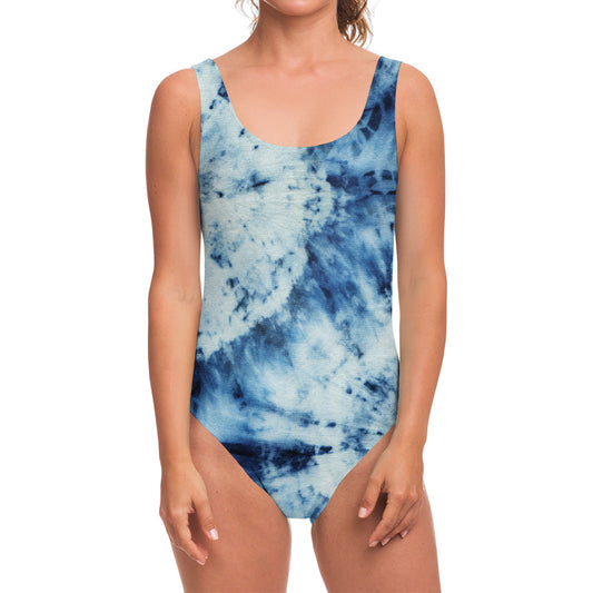 White And Blue Tie Dye Print One Piece Swimsuit