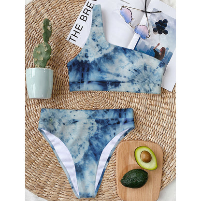 White And Blue Tie Dye Print One Shoulder Bikini Top