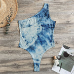 White And Blue Tie Dye Print One Shoulder Bodysuit