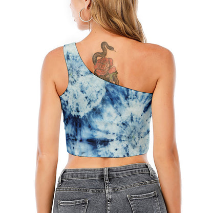 White And Blue Tie Dye Print One Shoulder Crop Top