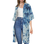White And Blue Tie Dye Print Open Front Beach Cover Up