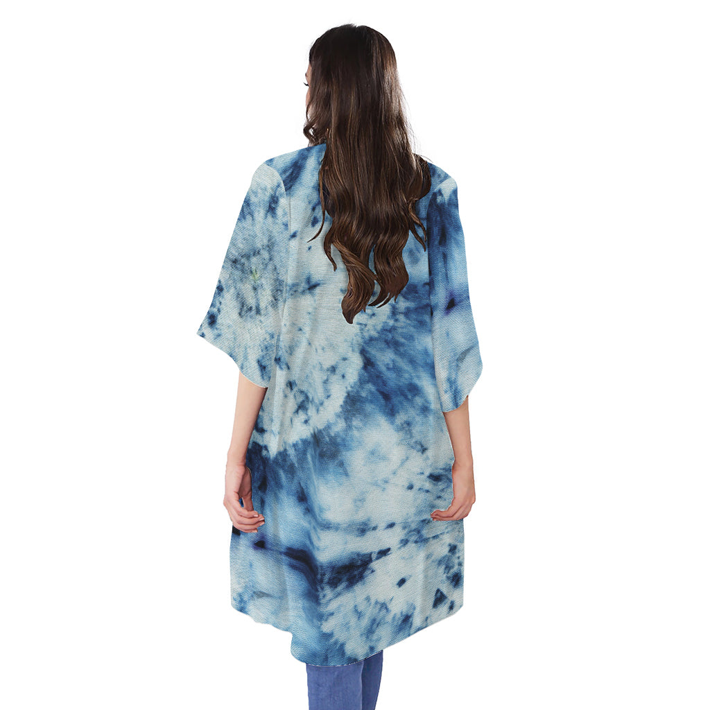 White And Blue Tie Dye Print Open Front Beach Cover Up