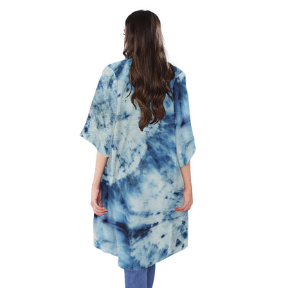 White And Blue Tie Dye Print Open Front Beach Cover Up