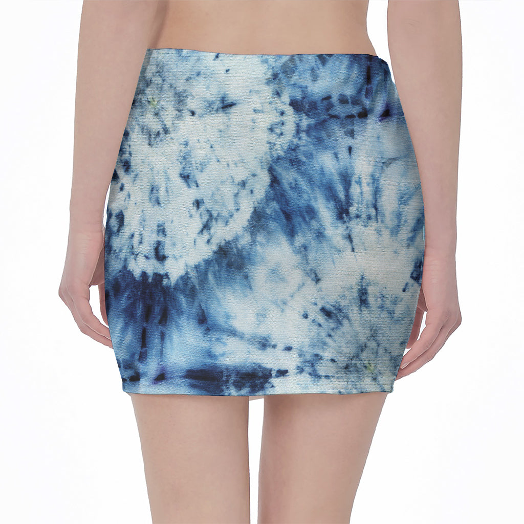 White And Blue Tie Dye Print Pencil Mini Skirt