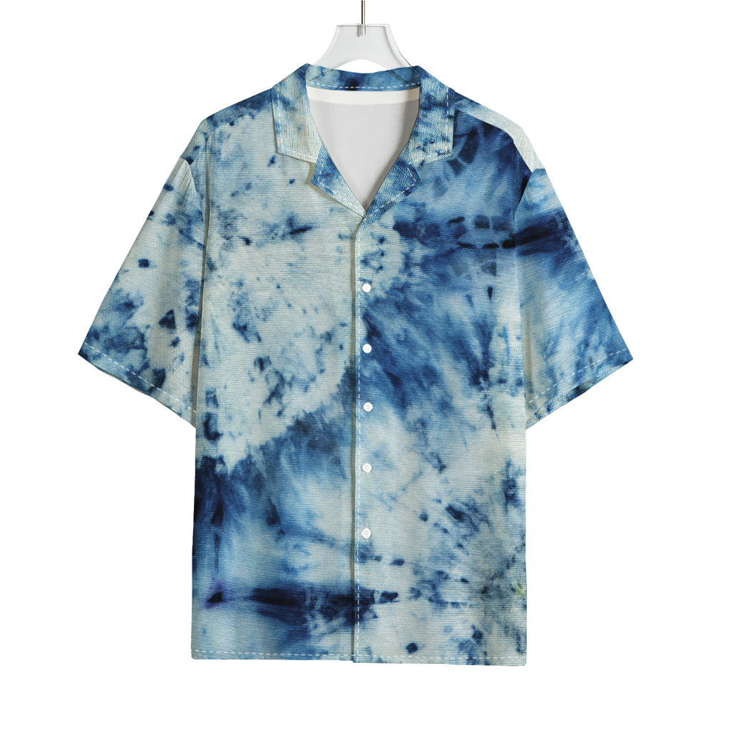 White And Blue Tie Dye Print Rayon Hawaiian Shirt