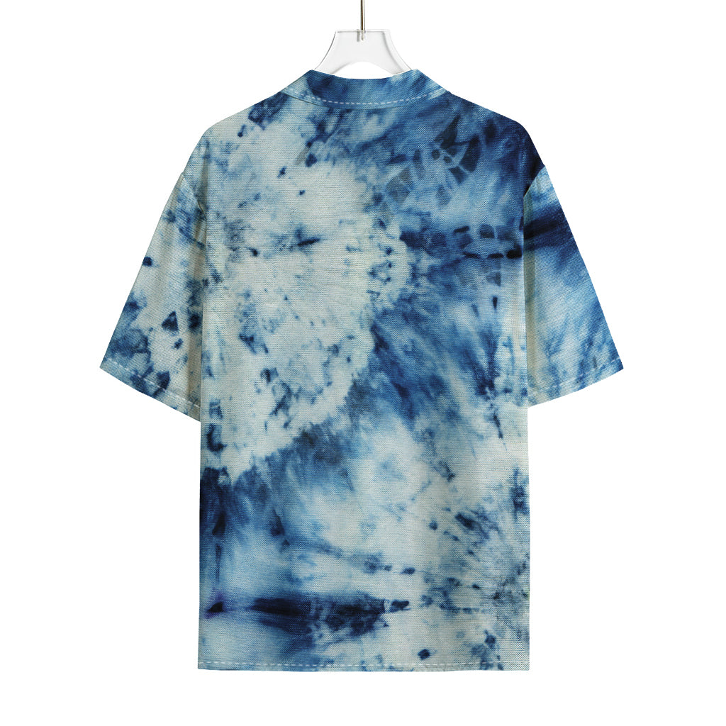 White And Blue Tie Dye Print Rayon Hawaiian Shirt