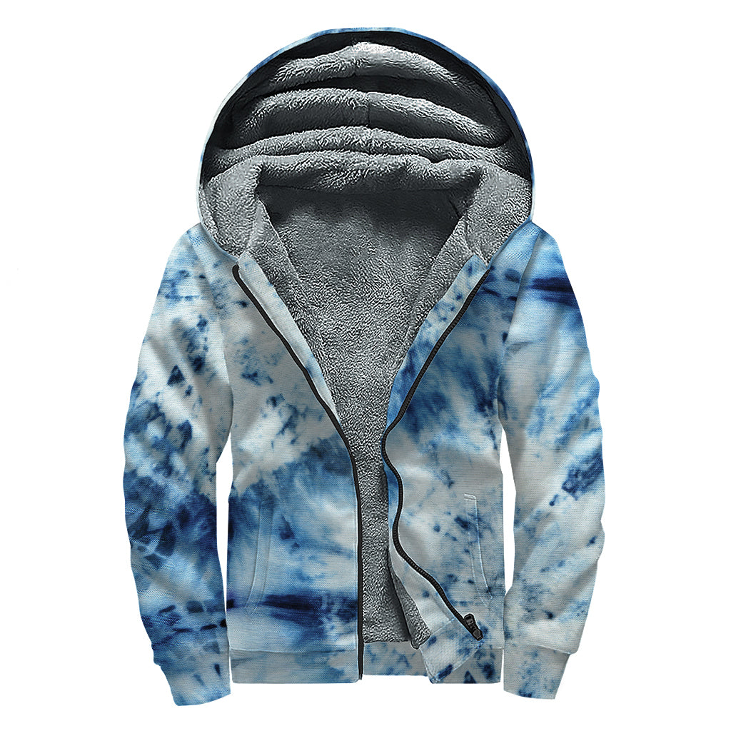 White And Blue Tie Dye Print Sherpa Lined Zip Up Hoodie