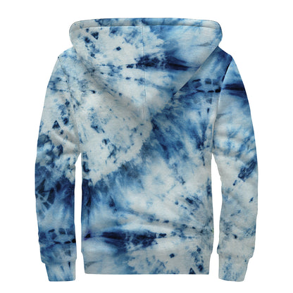 White And Blue Tie Dye Print Sherpa Lined Zip Up Hoodie