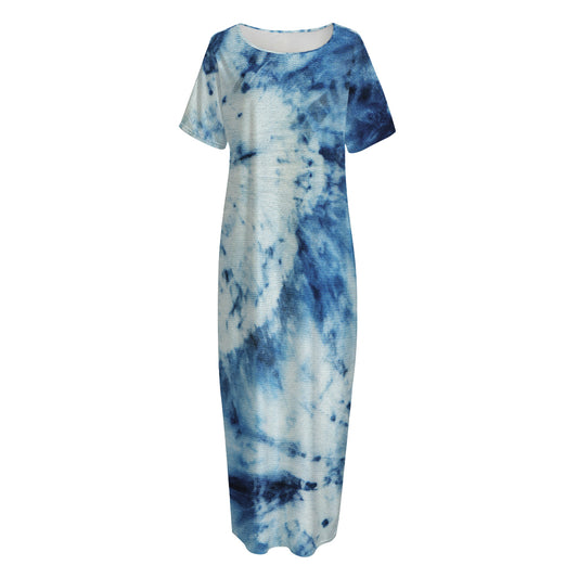 White And Blue Tie Dye Print Short Sleeve Long Nightdress