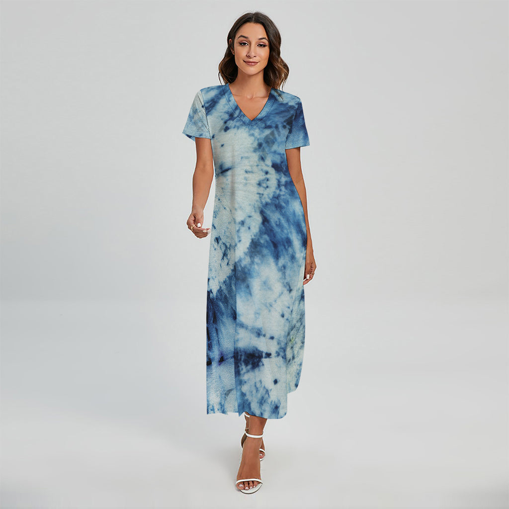 White And Blue Tie Dye Print Short Sleeve Maxi Dress