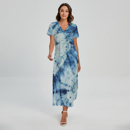 White And Blue Tie Dye Print Short Sleeve Maxi Dress