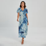 White And Blue Tie Dye Print Short Sleeve Maxi Dress