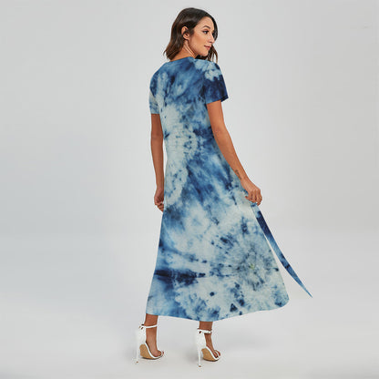 White And Blue Tie Dye Print Short Sleeve Maxi Dress