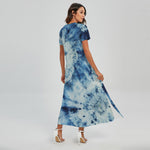 White And Blue Tie Dye Print Short Sleeve Maxi Dress