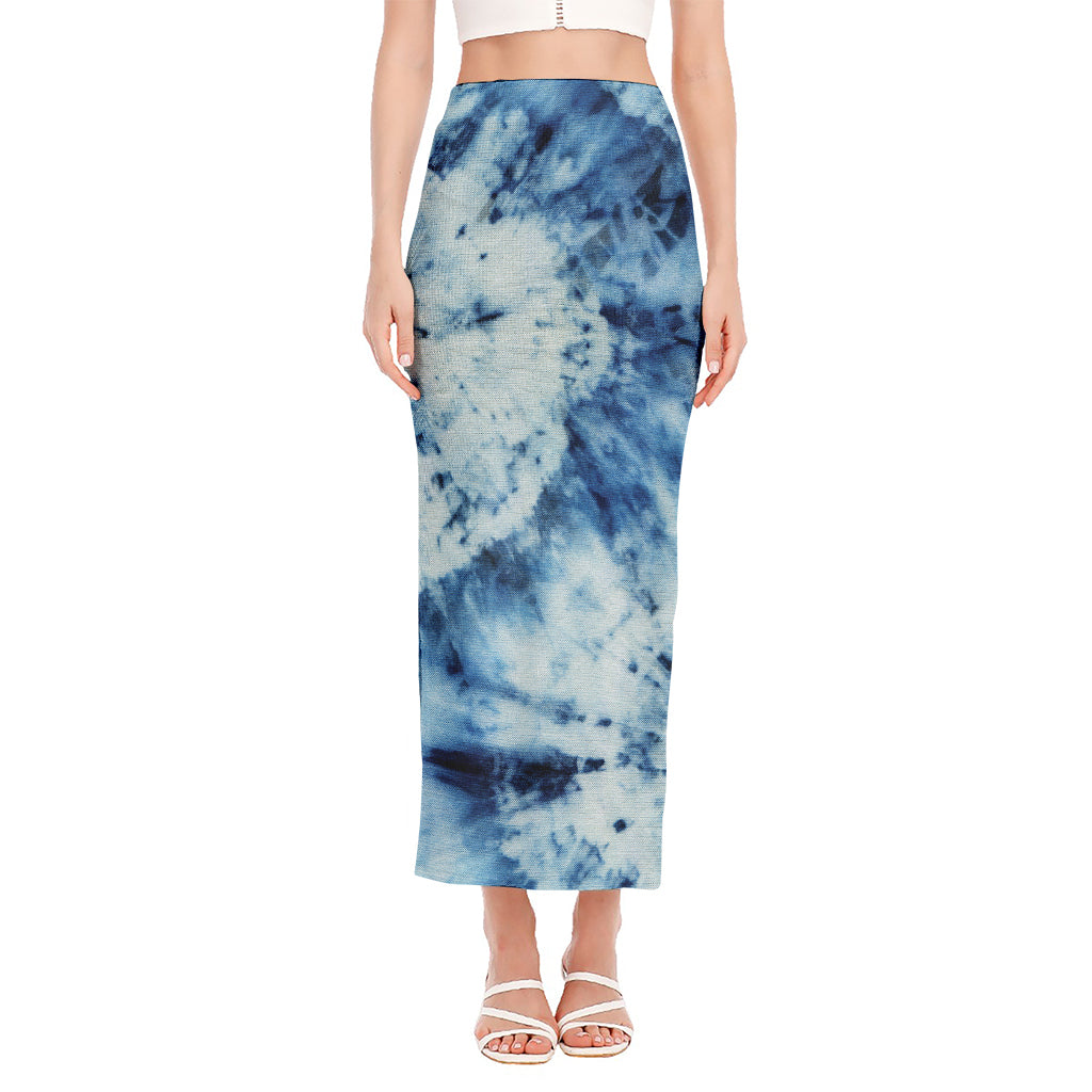 White And Blue Tie Dye Print Side Slit Maxi Skirt