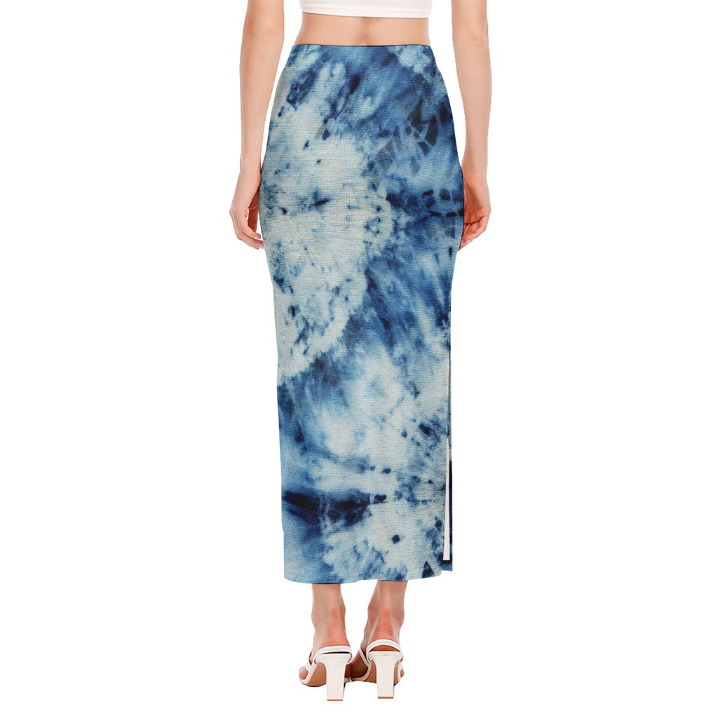 White And Blue Tie Dye Print Side Slit Maxi Skirt