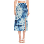 White And Blue Tie Dye Print Side Slit Midi Skirt